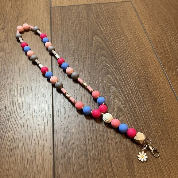 Stocking Stuffer! Handmade Pink/Gray/White/Blue Flower Lanyard - Picture 2 of 8
